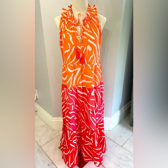 MudPie, Small, womens ruffle collar tiered multicolor maxi dress pink red orange - Picture 1 of 5